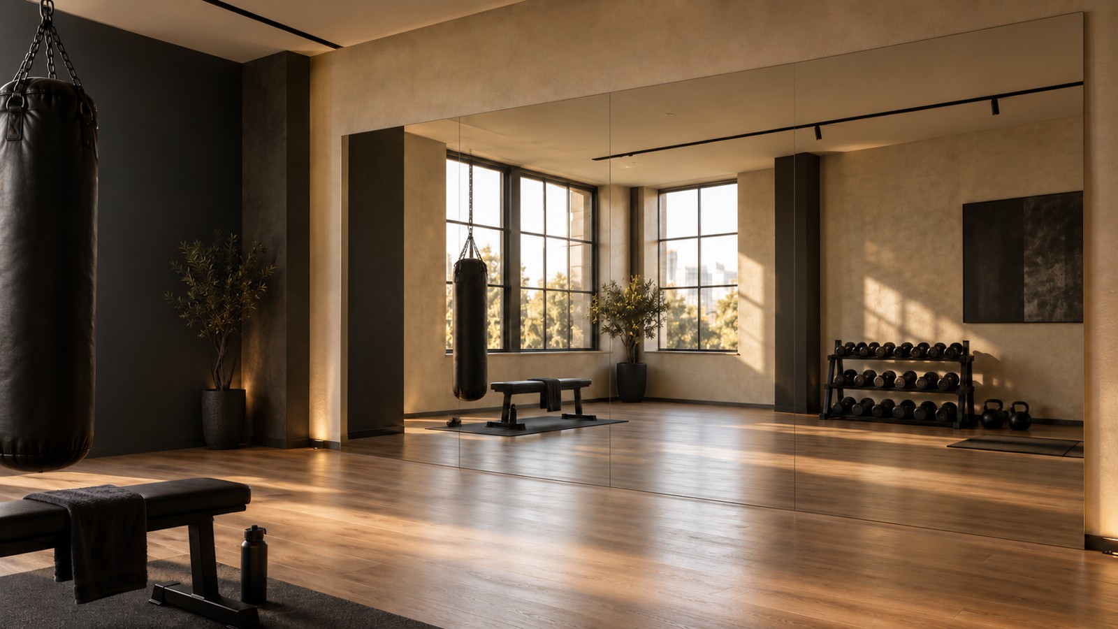 A boxing studio with a continuous frameless mirror wall