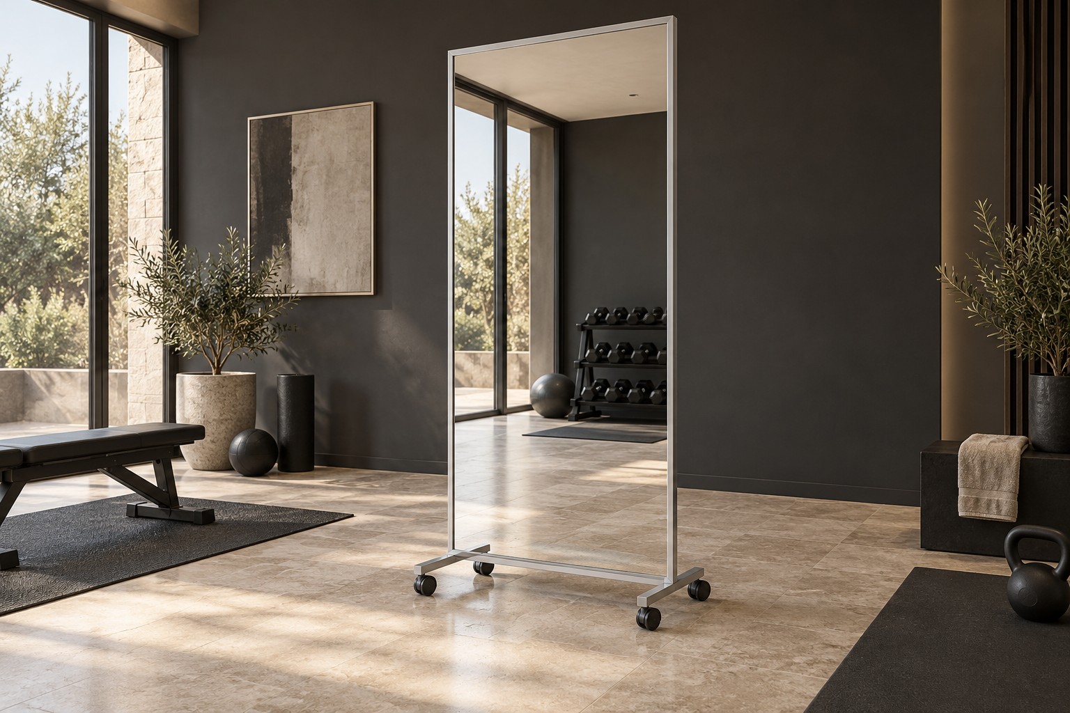 A freestanding mobile mirror on wheels